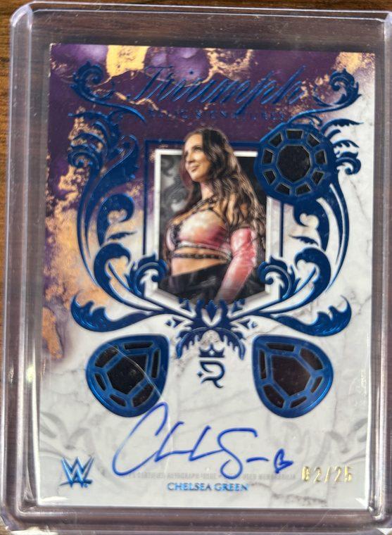 A Chelsea Green Topps Royalty autograph relic card inside a rigid toploader